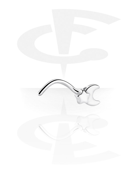 Piercings nariz & septums, Nose stud curvo (acero quirúrgico, plateado, acabado brillante) con accesorio de luna, Acero quirúrgico 316L
