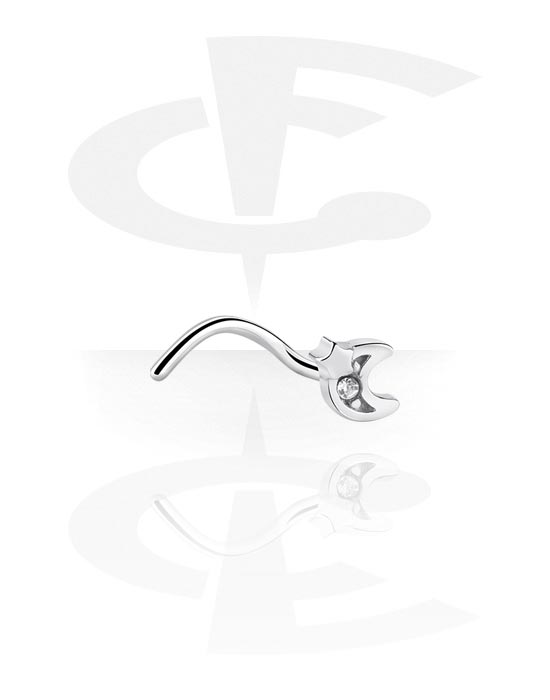 Nose Jewellery & Septums, Curved nose stud (surgical steel, silver, shiny finish) with moon attachment and crystal stone, Surgical Steel 316L
