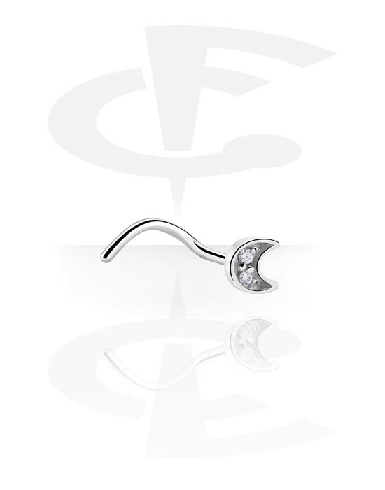 Nose Jewellery & Septums, Curved nose stud (surgical steel, silver, shiny finish) with moon design and crystal stones, Surgical Steel 316L