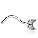 Nosovky a krúžky do nosa, Zahnutá nosovka (chirurgická oceľ, strieborná, lesklý povrch) s Motív mesiac a kryštálové kamene, Chirurgická oceľ 316L