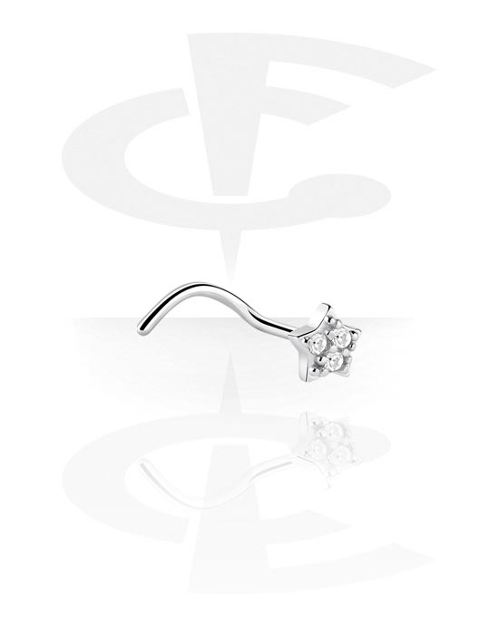 Nose Jewellery & Septums, Curved nose stud (surgical steel, silver, shiny finish) with star attachment and crystal stones, Surgical Steel 316L