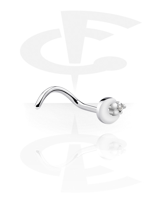 Nose Jewellery & Septums, Curved nose stud (surgical steel, silver, shiny finish) with moon design and crystal stone, Surgical Steel 316L