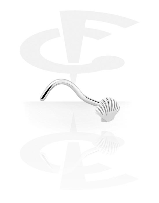 Nose Jewellery & Septums, Curved nose stud (surgical steel, silver, shiny finish) with shell design, Surgical Steel 316L