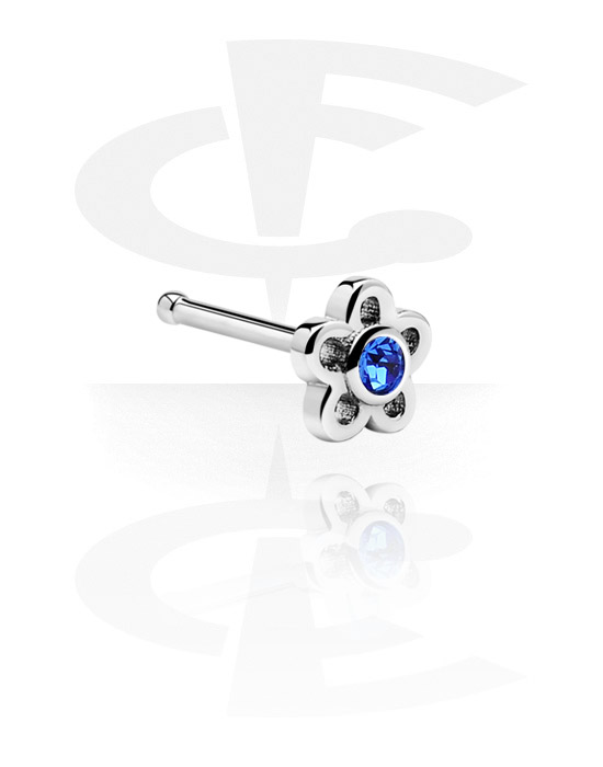 Nose Jewellery & Septums, Straight nose stud (surgical steel, silver, shiny finish) with flower attachment and crystal stone, Surgical Steel 316L