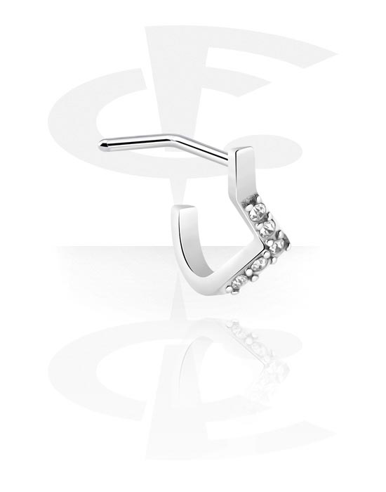 Nose Jewellery & Septums, L-shaped nose stud (surgical steel, silver, shiny finish) with crystal stones, Surgical Steel 316L