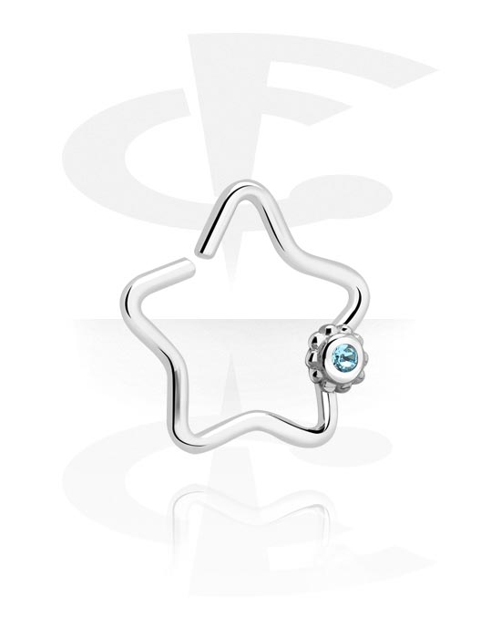 Piercingové kroužky, Spojitý kroužek ve tvaru hvězdy (chirurgická ocel, stříbrná, lesklý povrch) s krystalovým kamínkem, Chirurgická ocel 316L