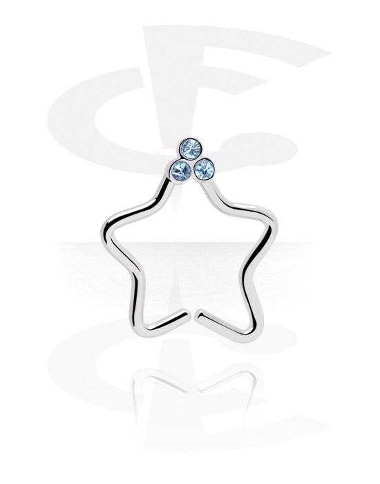 Alke za piercing, Neprekidni prsten u obliku zvijezde (kirurški čelik, srebrna, sjajna završna obrada) s kristalnim kamenjem, Kirurški čelik 316L