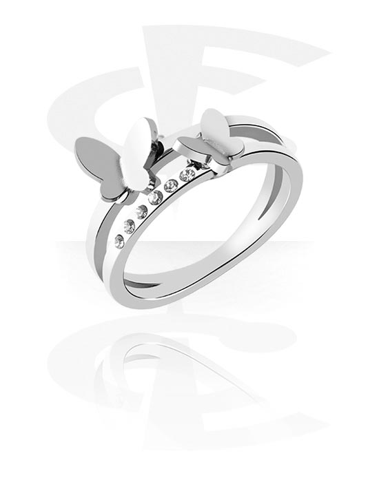 Anéis, Anel com design borboleta e pedras de cristal, Aço cirúrgico 316L
