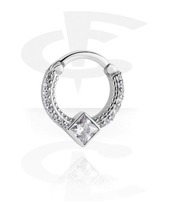Anéis piercing, Multi-purpose clicker (aço cirúrgico, prata, acabamento brilhante) com pedra de cristal, Aço cirúrgico 316L