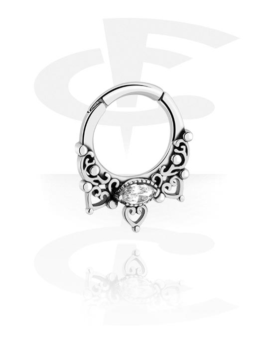 Anéis piercing, Multi-purpose clicker (aço cirúrgico, prata, acabamento brilhante) com design vintage e pedra de cristal, Aço cirúrgico 316L