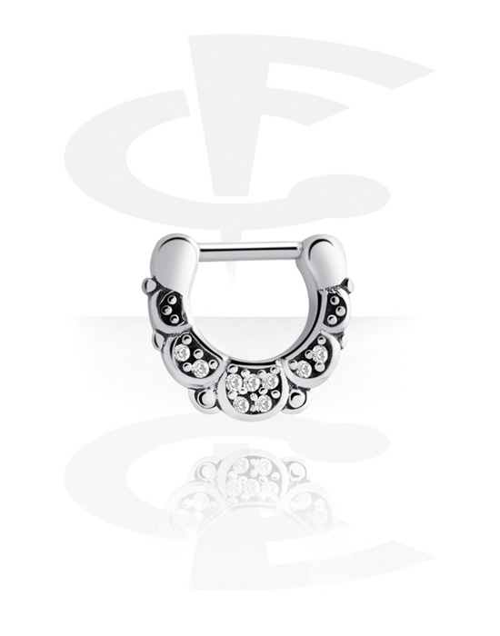 Nose Jewellery & Septums, Septum clicker (surgical steel, silver, shiny finish) with vintage design and crystal stones, Surgical Steel 316L