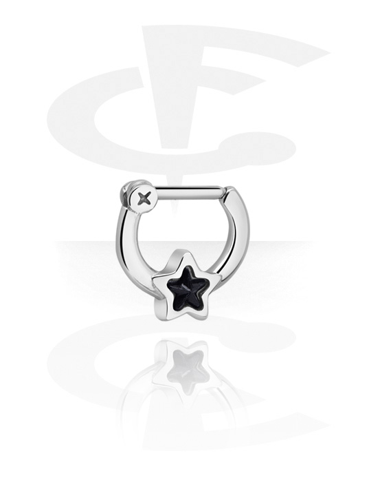 Nose Jewellery & Septums, Septum clicker (surgical steel, silver, shiny finish) with star attachment and crystal stone, Surgical Steel 316L