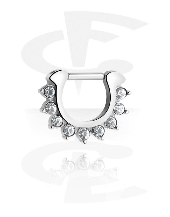 Piercings para o nariz, Septum clicker (aço cirúrgico, prata, brilhante) com pedras de cristal, Aço cirúrgico 316L
