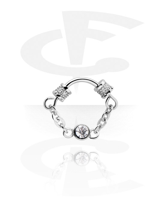 Anéis piercing, Multi-purpose clicker (aço cirúrgico, prata, acabamento brilhante) com corrente e pedra de cristal, Aço cirúrgico 316L