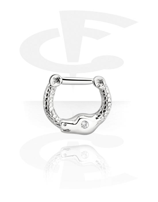 Nose Jewellery & Septums, Septum clicker (surgical steel, silver, shiny finish) with snake and crystal stone, Surgical Steel 316L