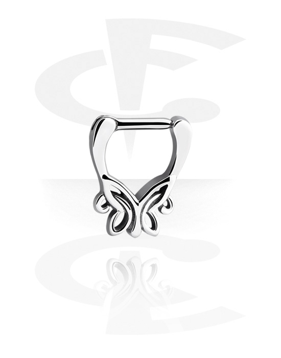 Nosovky a kroužky do nosu, Septum clicker (chirurgická ocel, stříbrná, lesklý povrch) s designem motýl, Chirurgická ocel 316L