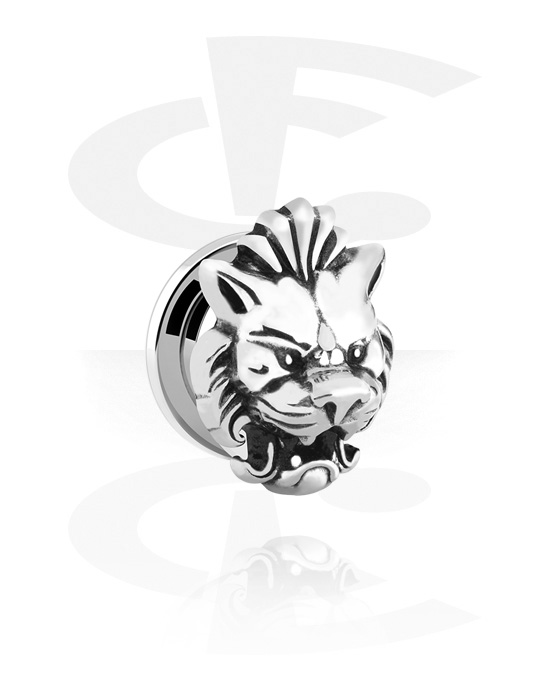 Tunnels & Plugs, Screw-on tunnel (surgical steel, silver, shiny finish) with lion head attachment, Surgical Steel 316L