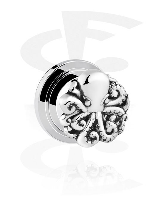Tunnels & Plugs, Screw-on tunnel (surgical steel, silver, shiny finish) with octopus design, Surgical Steel 316L