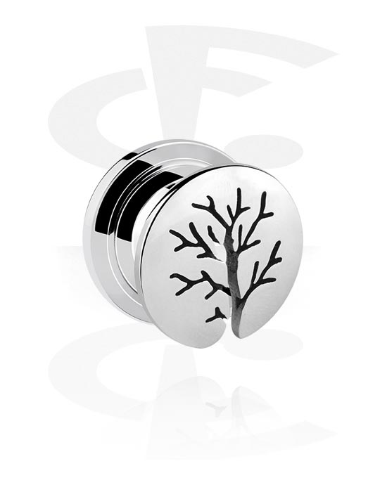 Tunnels & Plugs, Screw-on tunnel (surgical steel, silver, shiny finish) with tree design, Surgical Steel 316L