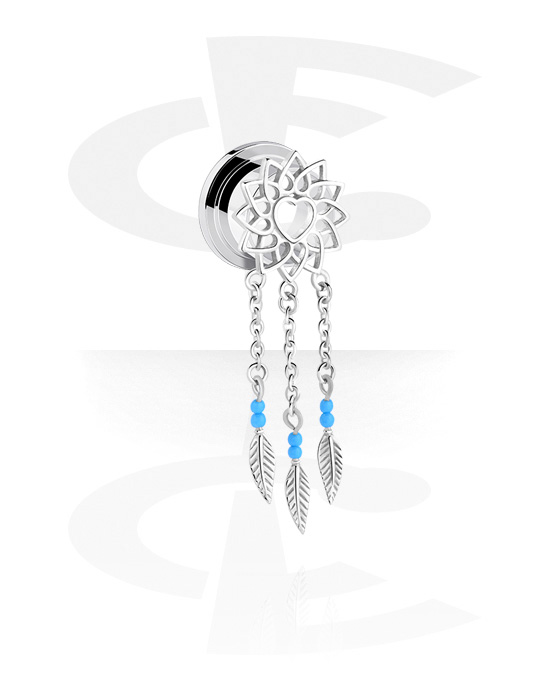 Tunnels & Plugs, Screw-on tunnel (surgical steel, silver, shiny finish) with heart design and feather charm, Surgical Steel 316L