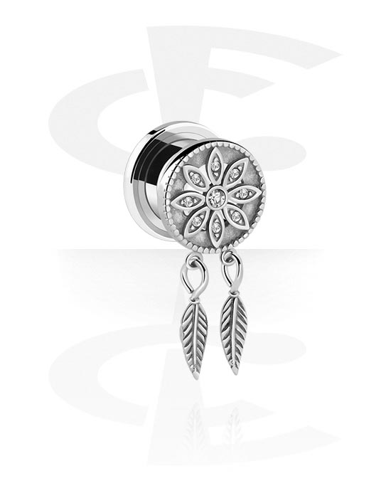 Tunnels & Plugs, Screw-on tunnel (surgical steel, silver, shiny finish) with crystal stones and feather charm, Surgical Steel 316L