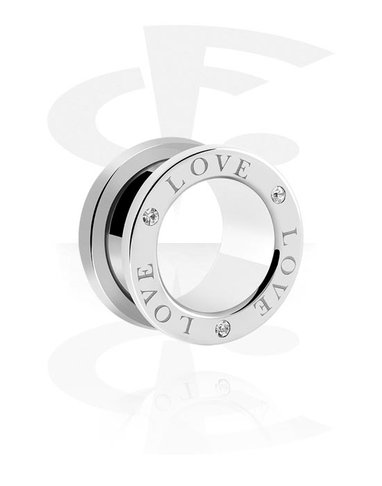 Tunnels & Plugs, Screw-on tunnel (surgical steel, silver, shiny finish) with "LOVE" lettering and crystal stones, Surgical Steel 316L