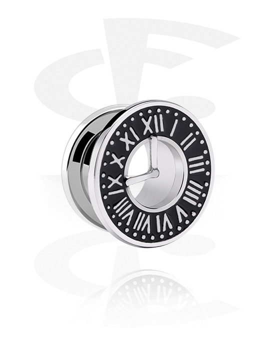 Tunnels & Plugs, Screw-on tunnel (surgical steel, silver, shiny finish) with clock design, Surgical Steel 316L