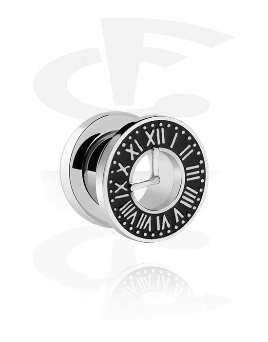 Tunnels & Plugs, Screw-on tunnel (surgical steel, silver, shiny finish) with clock design, Surgical Steel 316L