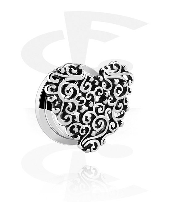 Tunnels & Plugs, Screw-on tunnel (surgical steel, silver, shiny finish) with heart attachment, Surgical Steel 316L