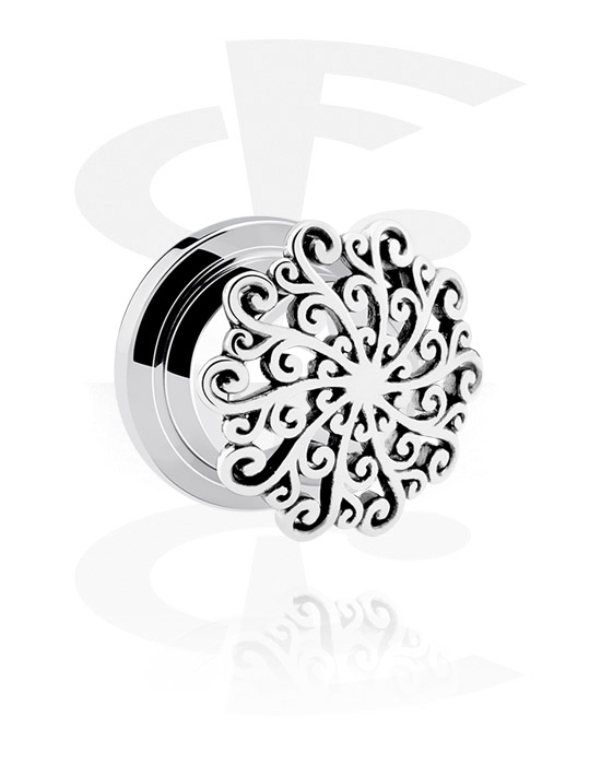 Tunnels & Plugs, Opschroefbare tunnel (chirurgisch staal, zilver, glanzende afwerking) met ornament, Chirurgisch staal 316L