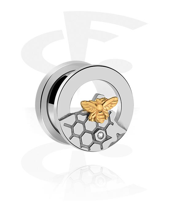 Tunnels & Plugs, Screw-on tunnel (steel, silver, shiny finish) with bee design, Surgical Steel 316L