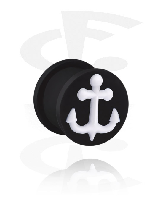 Tunnels & Plugs, Ribbed plug (silicone, black) with anchor design, Silicone