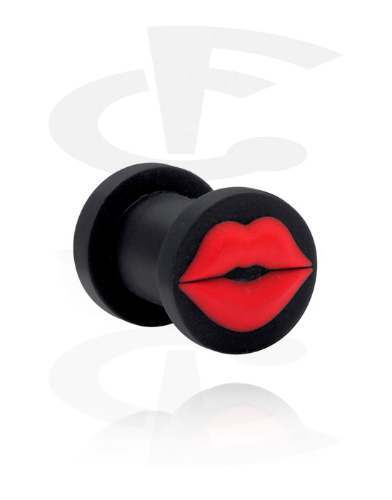 Túneis & Plugs, Ribbed plug (silicone, preto) com design de lábios vermelhos, Silicone