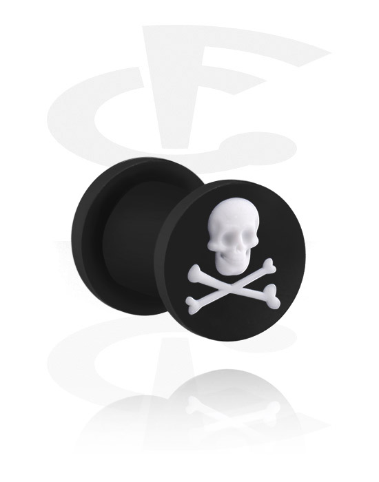 Tunnels & Plugs, Ribbed plug (silicone, black) with skull design, Silicone