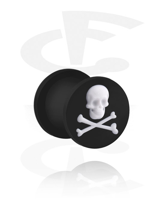 Tunnels & Plugs, Ribbed plug (silicone, black) with skull design, Silicone