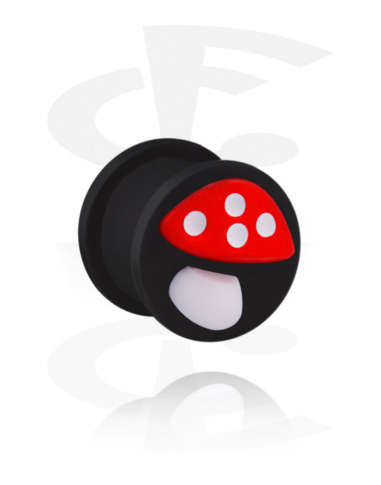 Tunnels & Plugs, Ribbed plug (silicone, black) with fly agaric design, Silicone