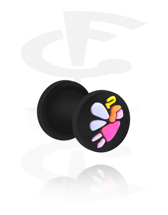 Tunnels & Plugs, Ribbed plug (silicone, black) with angel design, Silicone