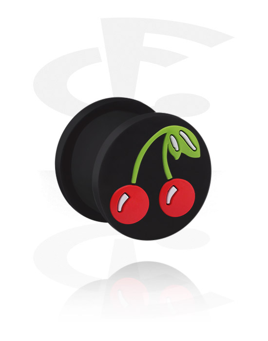 Tunnels & Plugs, Ribbed plug (silicone, black) with cherry design, Silicone