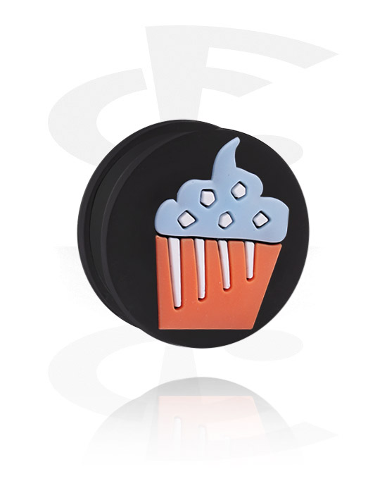 Tunnels & Plugs, Ribbed plug (silicone, black) with cupcake design, Silicone