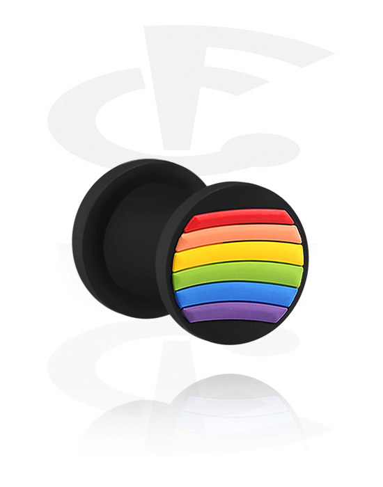 Tunneler & plugger, Ribbet plugg (silikon, svart) med regnbuedesign, Silikon