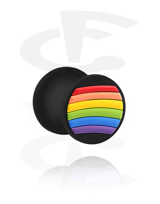 Tunnels & Plugs, Ribbed plug (silicone, black) with rainbow design, Silicone