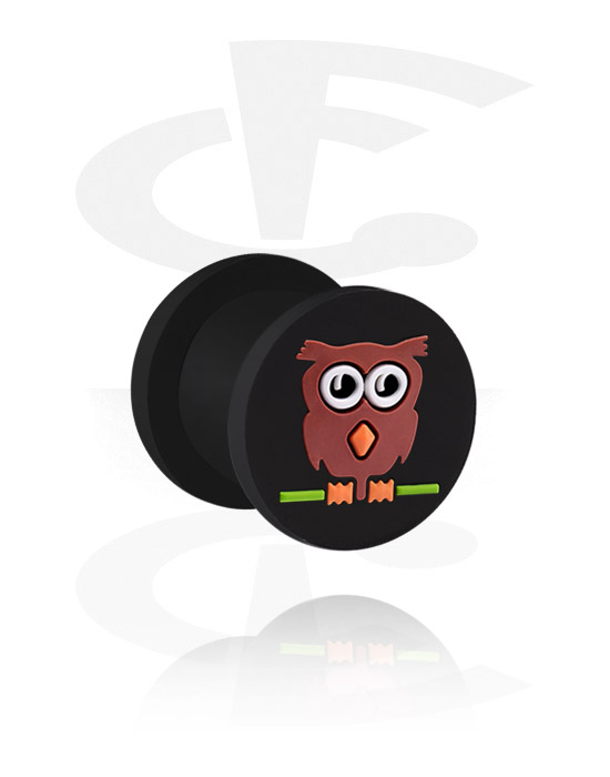 Tunele & plugi, Żebrowany tunel (silikonowy, czarny) z kreskówkowym wzorem „sowa”, Silikon