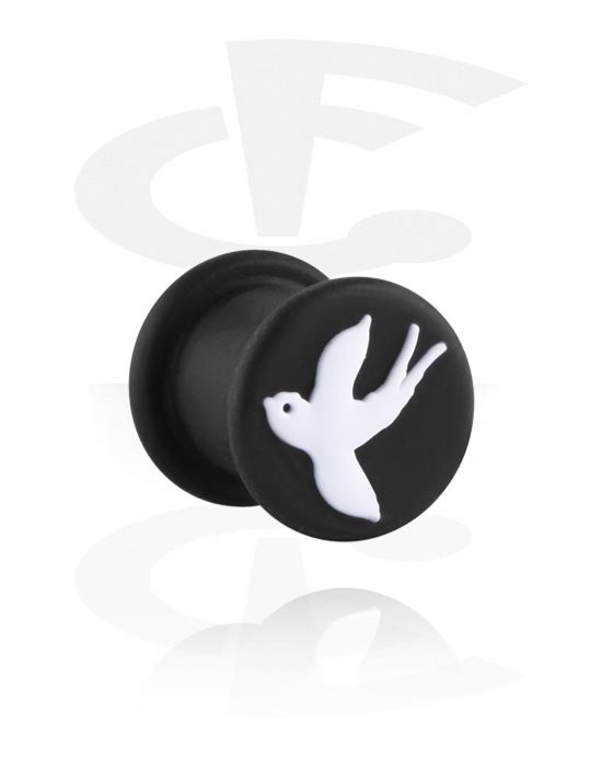 Tunnels & Plugs, Ribbed plug (silicone, black) with bird design, Silicone