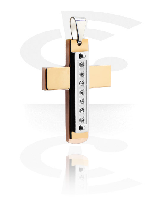 Pendentifs, Pendentif "croix" avec pierres en cristal, Acier chirurgical 316L, Acier chirugical 316L ,  Plaqué or