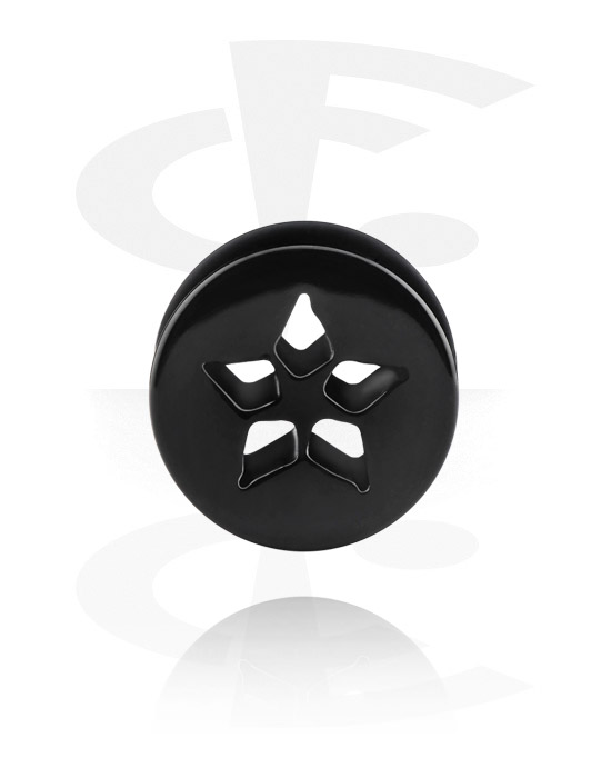 Tunely & plugy, Plug s rozšířenými konci (akryl, černá) s designem hvězda, Akryl