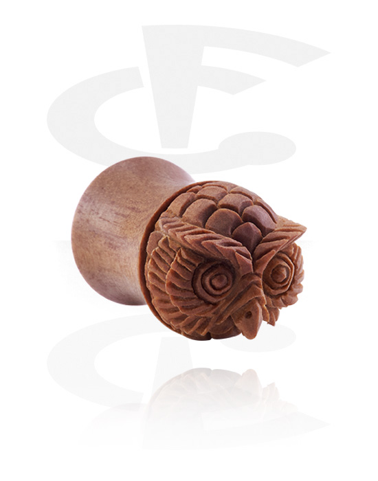 Tunnels & Plugs, Double flared plug (wood) with owl design, Wood