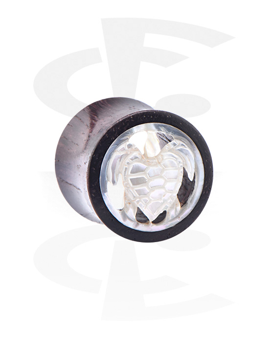 Tunnels & Plugs, Double flared tunnel met lieve schildpad, Hout, Parelmoer