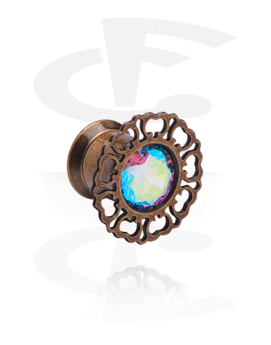 Tunnels & Plugs, Double flared tunnel (surgical steel, antique copper) with crystal stone, Surgical Steel 316L