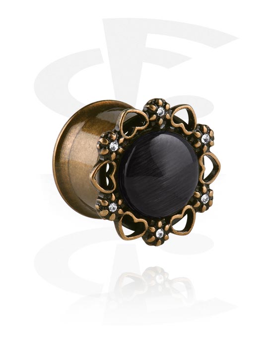 Tunnels & Plugs, Double flared tunnel (surgical steel, antique copper) with heart design and crystal stones, Surgical Steel 316L