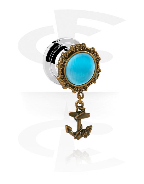 Tunnels & Plugs, Screw-on tunnel (surgical steel, silver, shiny finish) with vintage design and anchor charm, Surgical Steel 316L